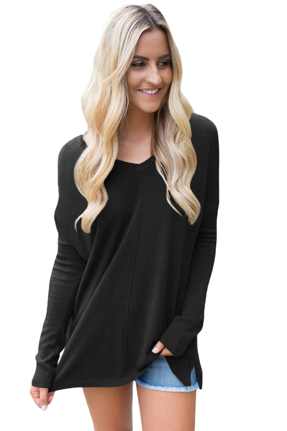 Sexy Black Soft V Neck Sweater