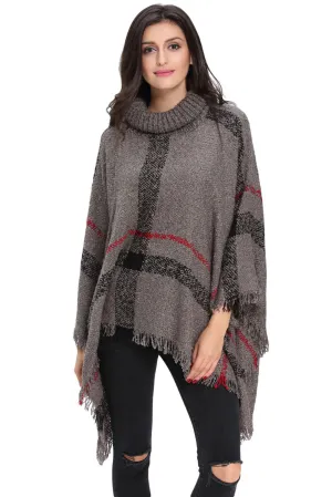 Sexy Gray Turtleneck Tassel Cape Sweater