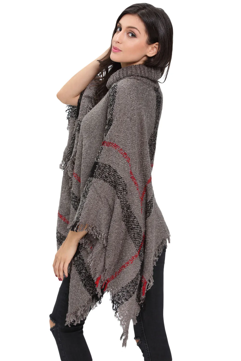 Sexy Gray Turtleneck Tassel Cape Sweater