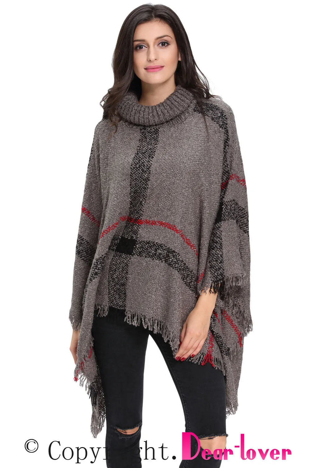 Sexy Gray Turtleneck Tassel Cape Sweater
