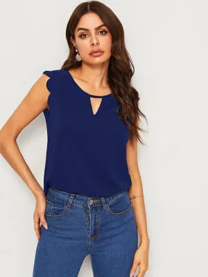 Solid Keyhole Neckline Scalloped Top