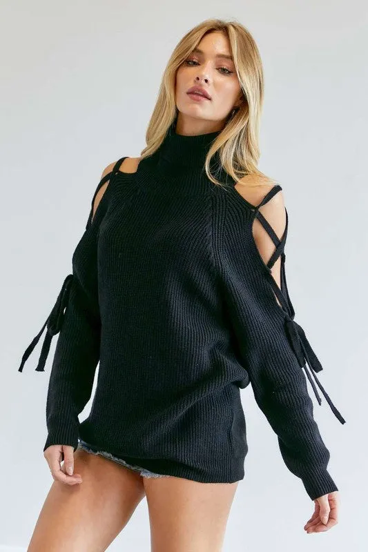 Solid Turtleneck Cutout Long Sleeve Sweater - ONLINE ONLY
