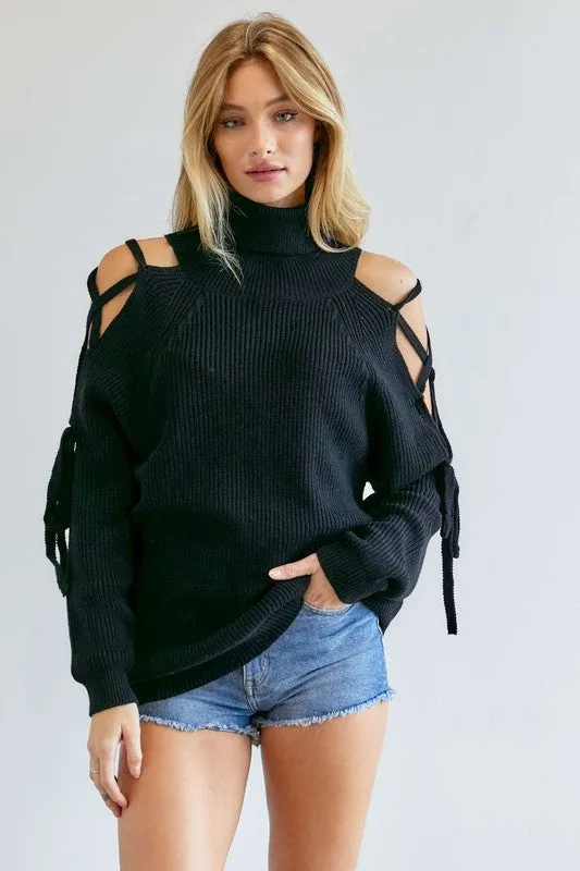 Solid Turtleneck Cutout Long Sleeve Sweater - ONLINE ONLY