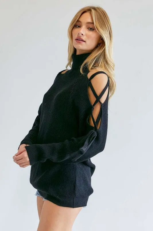 Solid Turtleneck Cutout Long Sleeve Sweater - ONLINE ONLY