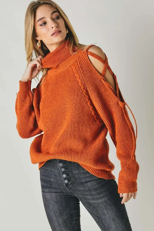 Solid Turtleneck Cutout Long Sleeve Sweater - ONLINE ONLY