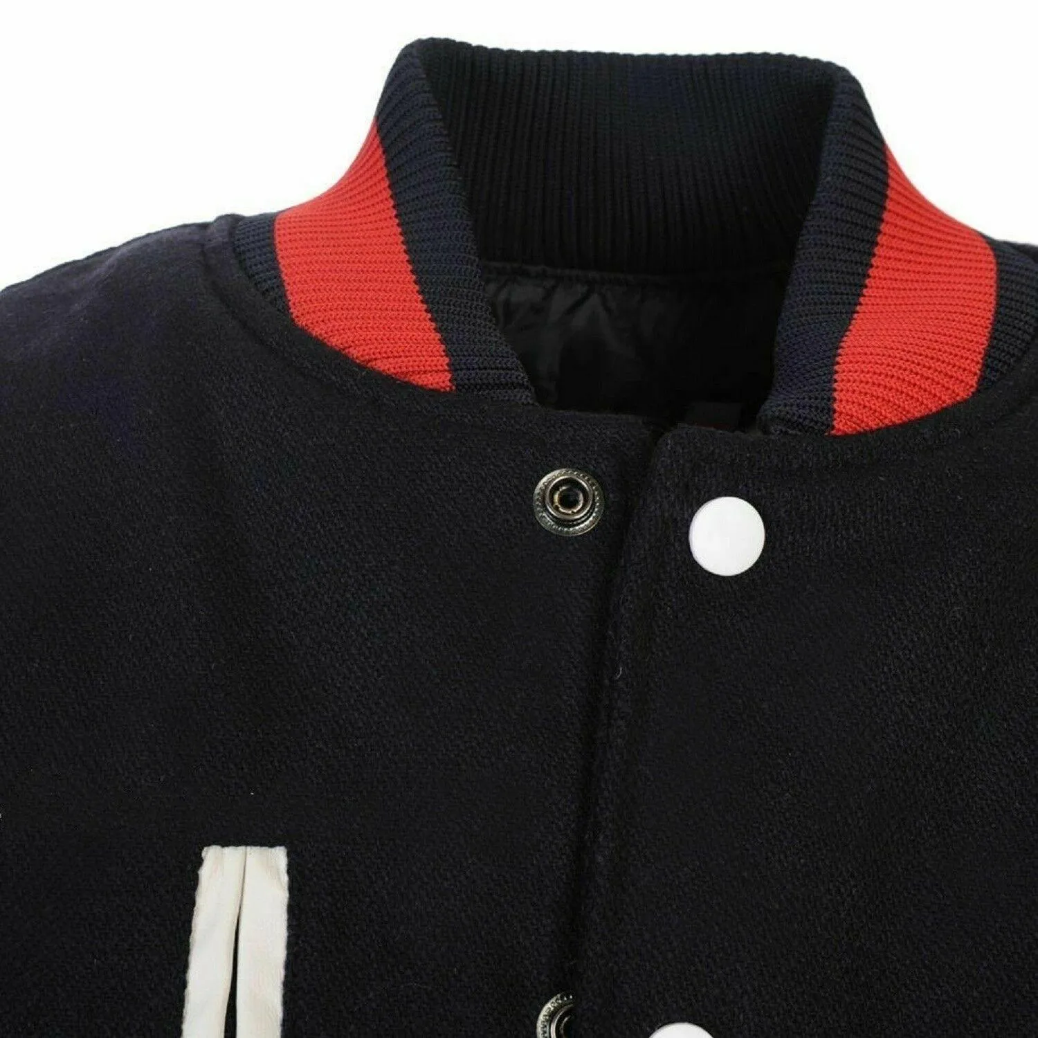 Spine Spark Black Wool Varsity Jacket White Leather Sleeves