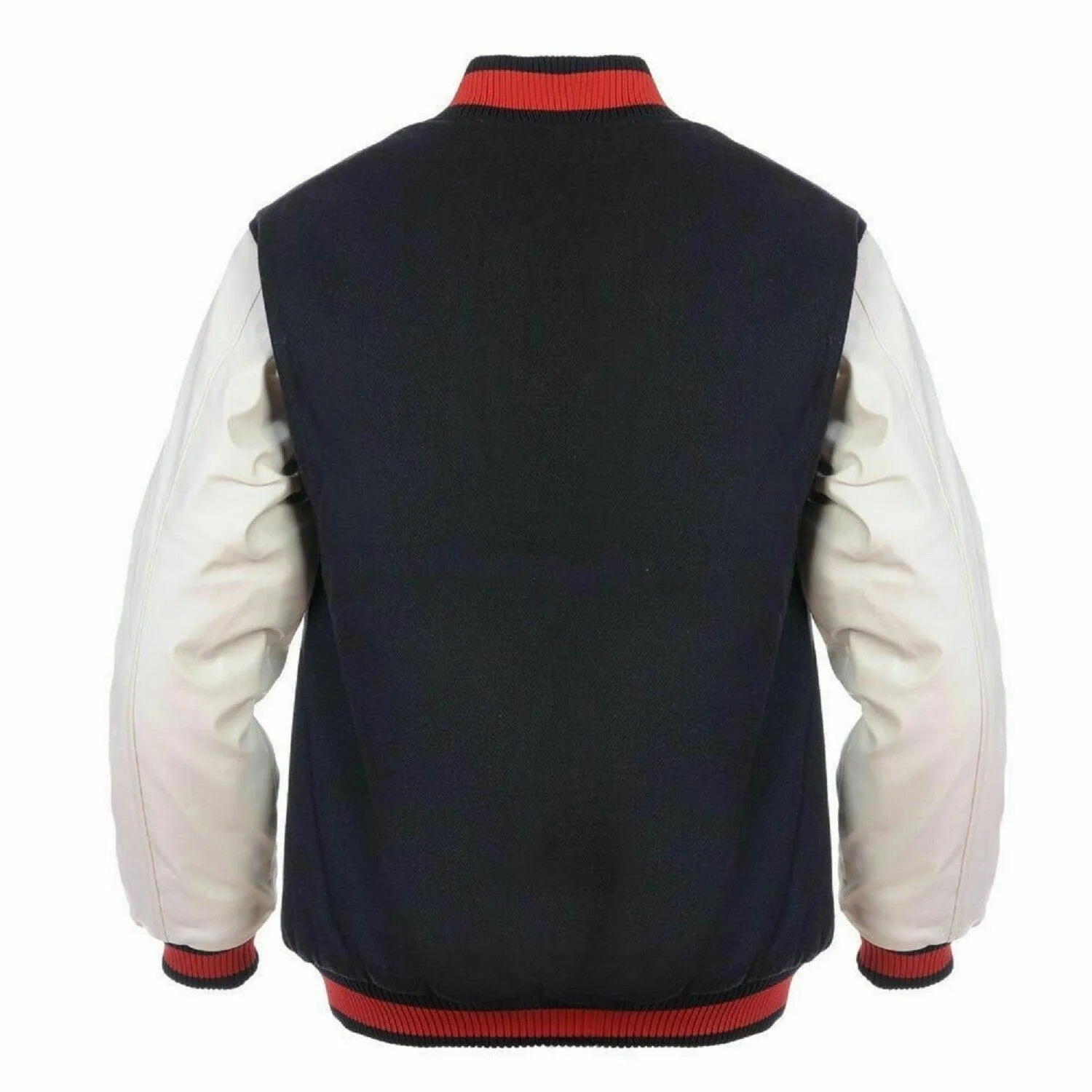 Spine Spark Black Wool Varsity Jacket White Leather Sleeves