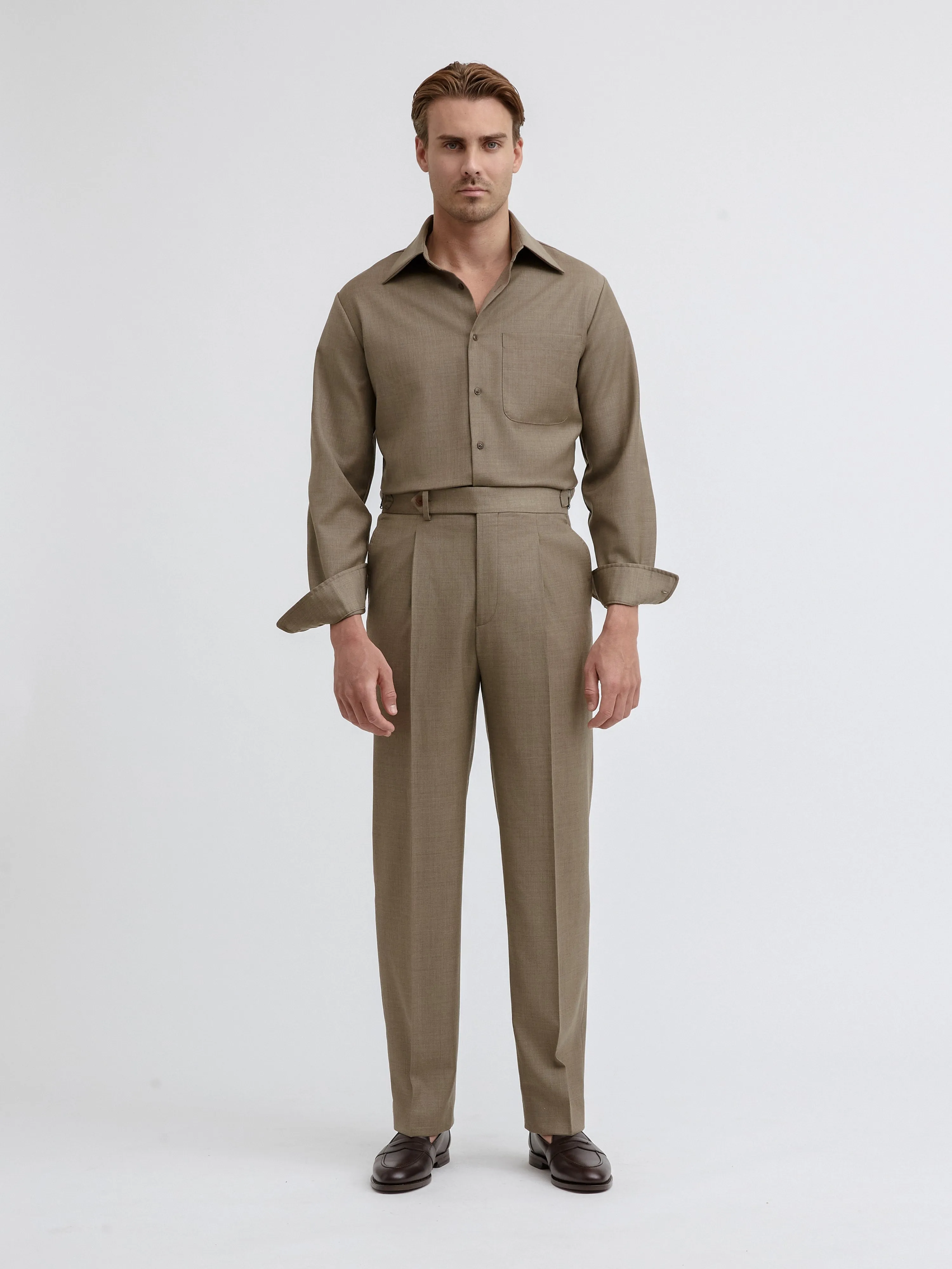 Taupe S130 Wool Oscar Trousers (Wide Fit)