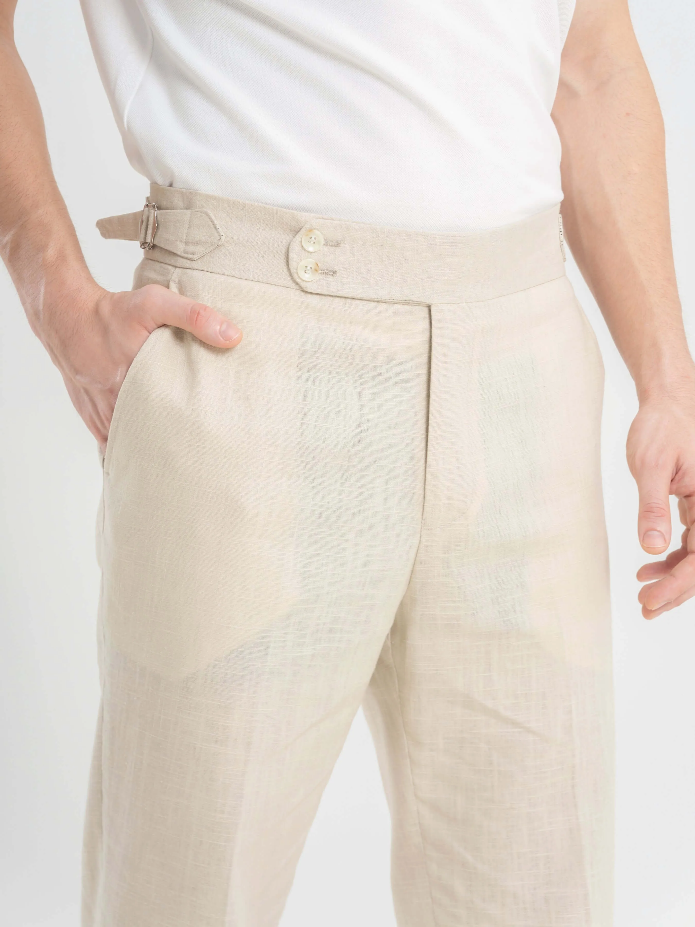 Trousers With Side Adjusters -  Linen Cream Plain (Slim Straight)