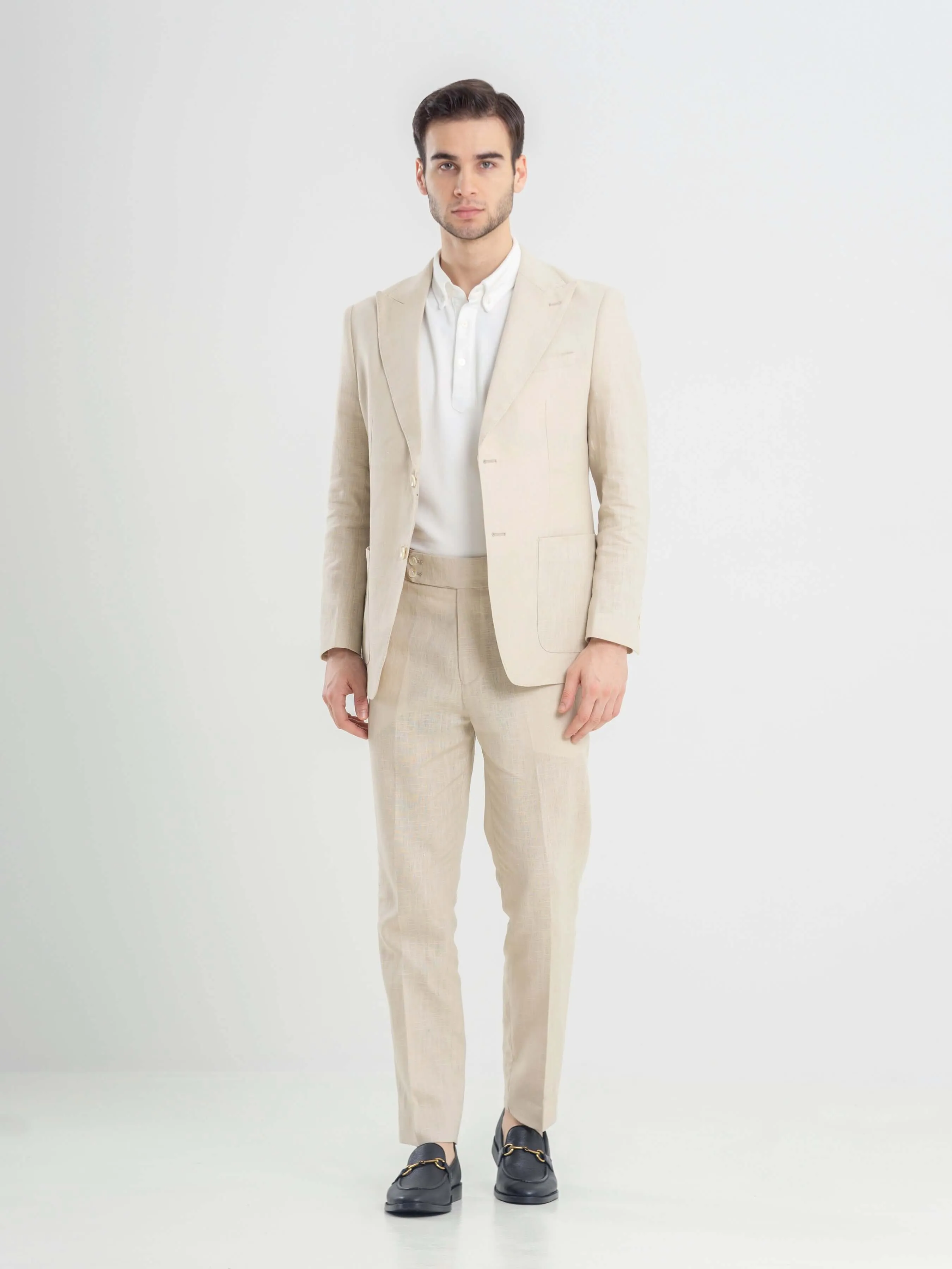 Trousers With Side Adjusters -  Linen Cream Plain (Slim Straight)
