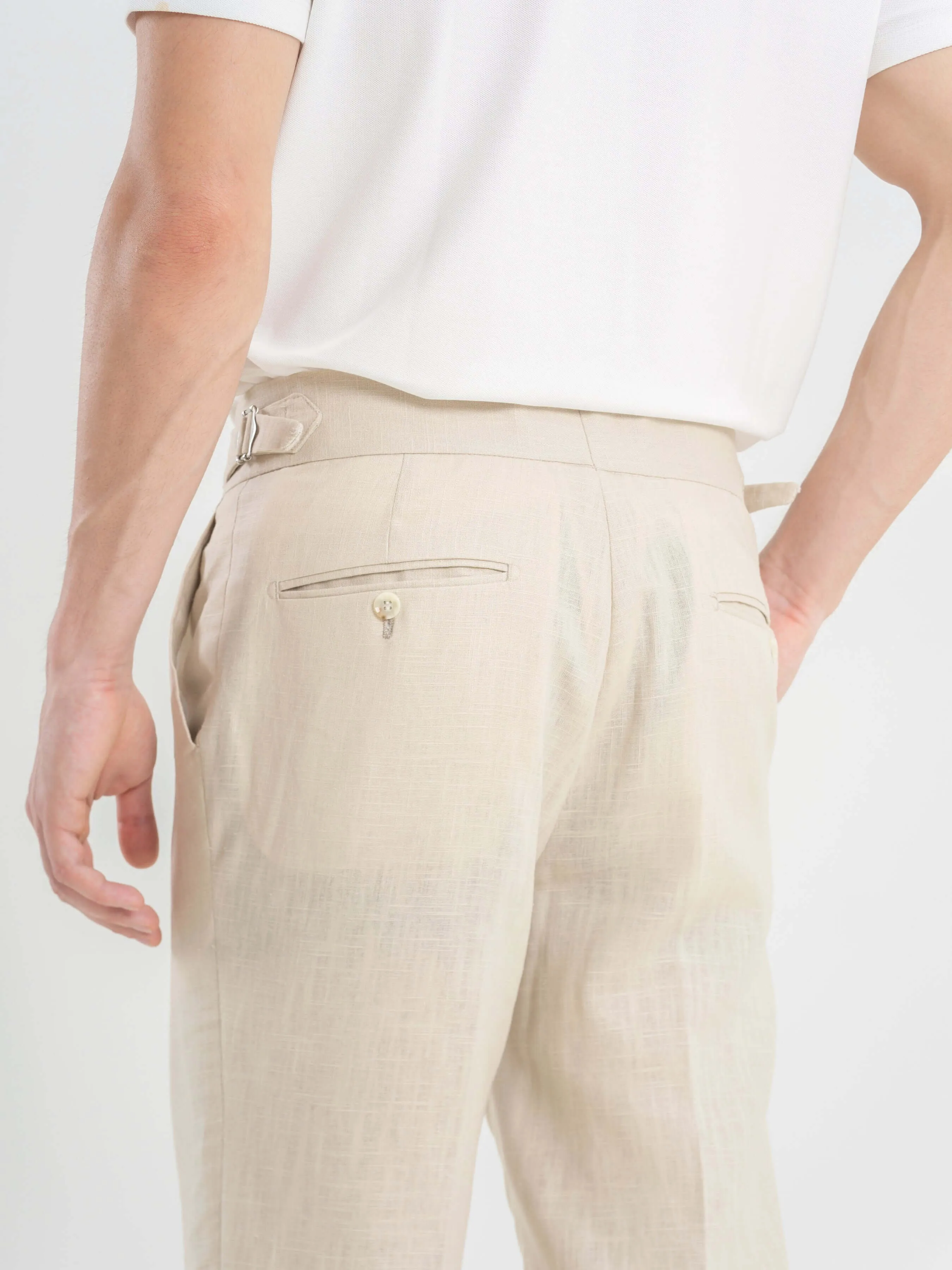 Trousers With Side Adjusters -  Linen Cream Plain (Slim Straight)