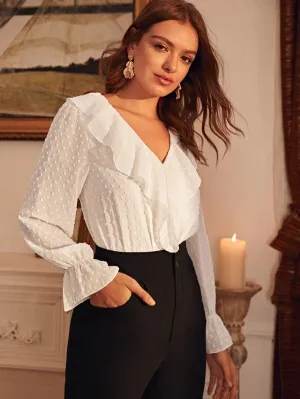 V Neck Ruffle Trim Swiss Dot Blouse