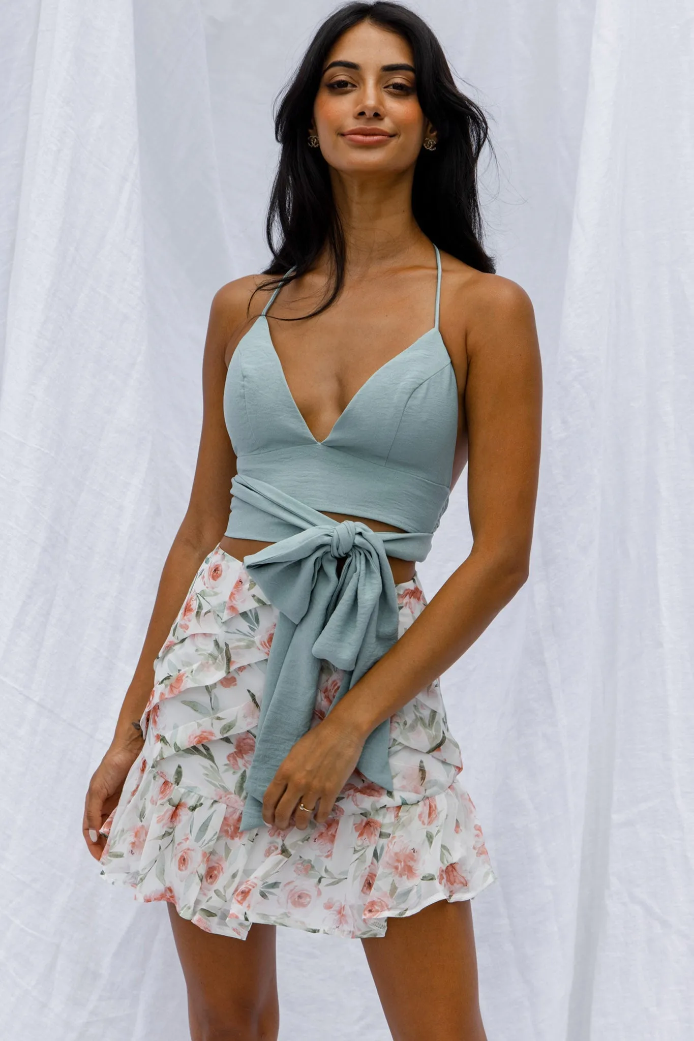 Versa Pintuck Pleat Ruffle Hem Skirt Floral Print White