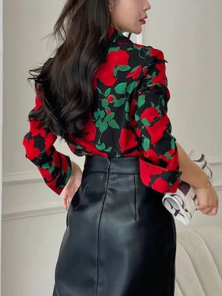 Vintage Black Rose Printed Blouse