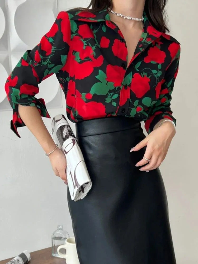 Vintage Black Rose Printed Blouse
