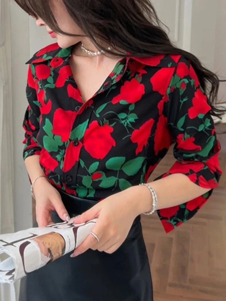 Vintage Black Rose Printed Blouse