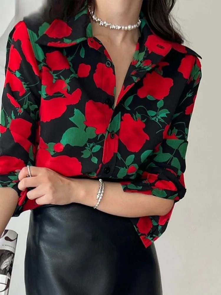 Vintage Black Rose Printed Blouse