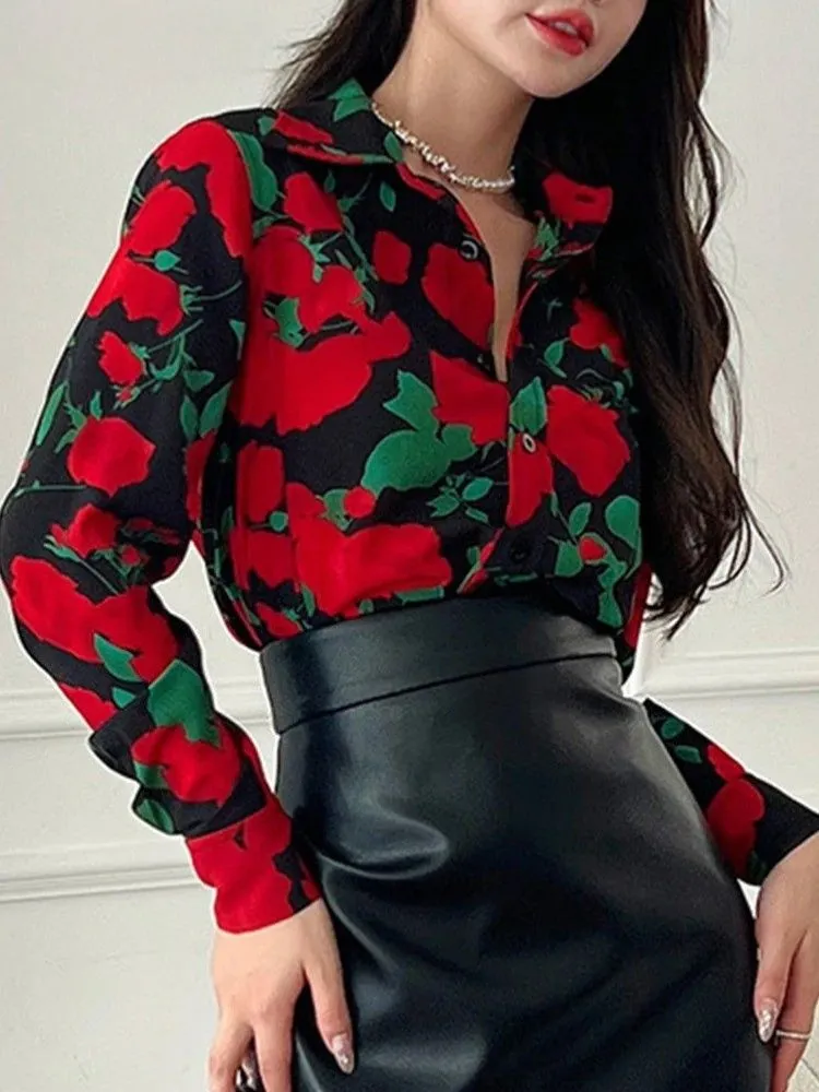 Vintage Black Rose Printed Blouse