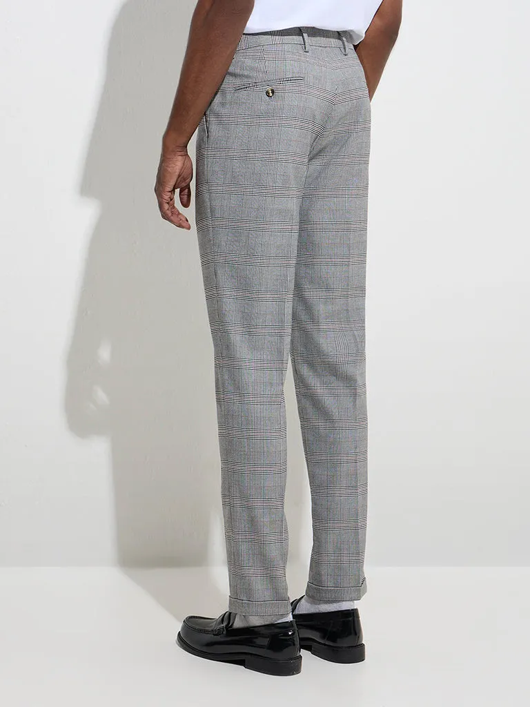 WES Formals Grey Checkered Slim-Fit Mid-Rise Trousers