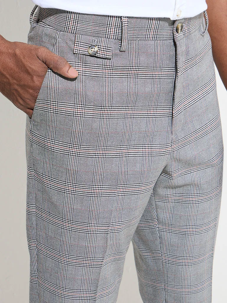 WES Formals Grey Checkered Slim-Fit Mid-Rise Trousers