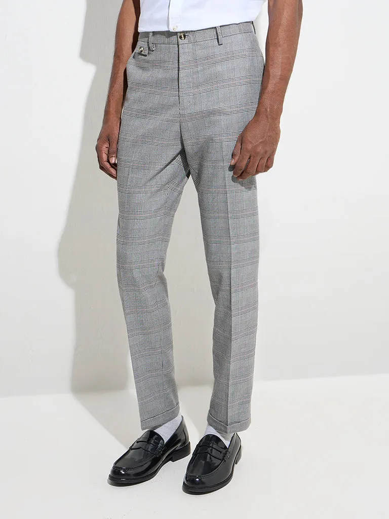 WES Formals Grey Checkered Slim-Fit Mid-Rise Trousers