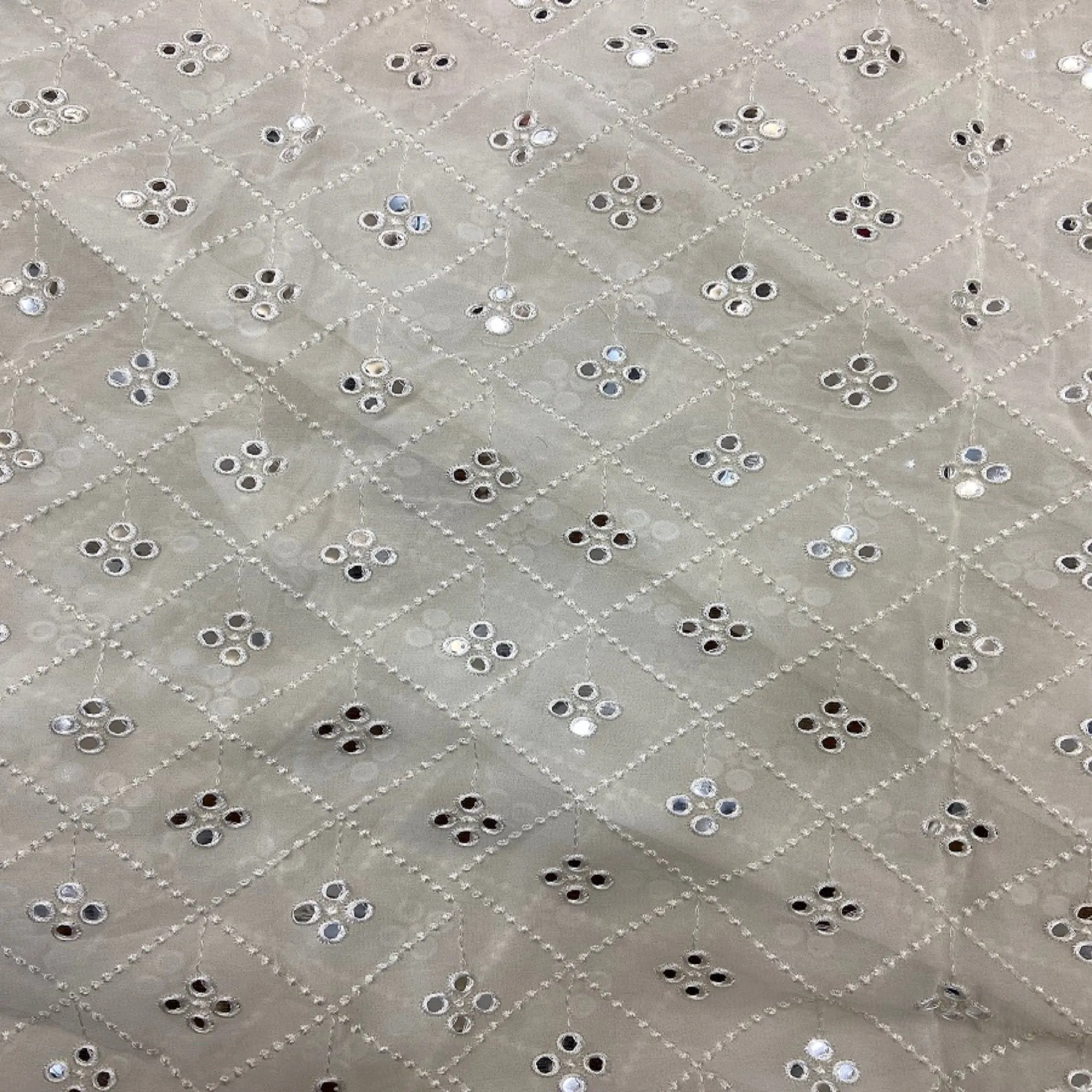 White Geometric Mirror Work Embroidered Dyeable Pure Georgette Fabric (Wholesale)
