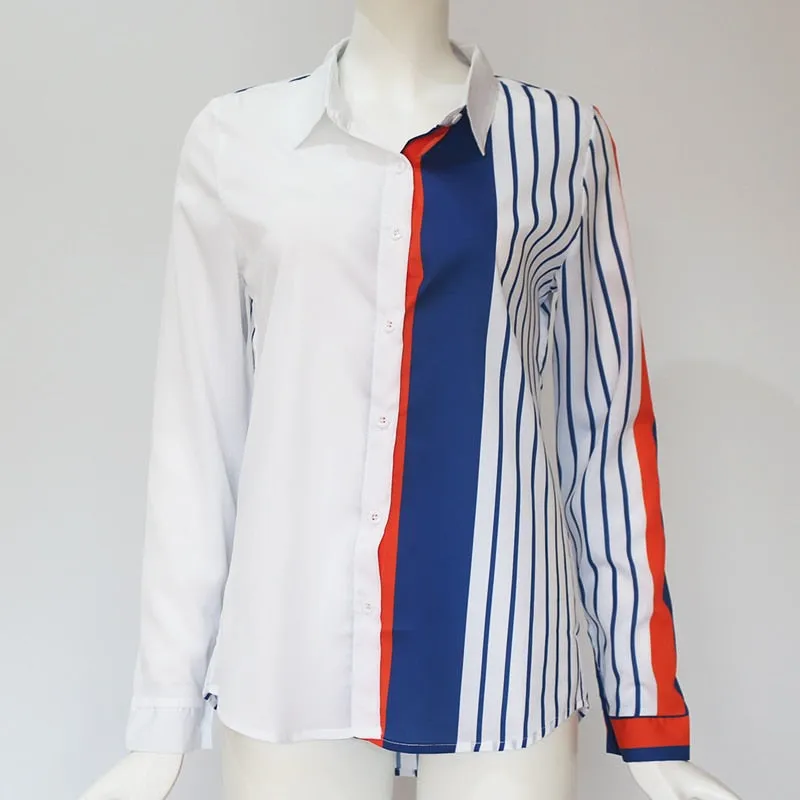 Women Blouses Color Block Striped Shirt Elegant Office Lady Blouse Tops