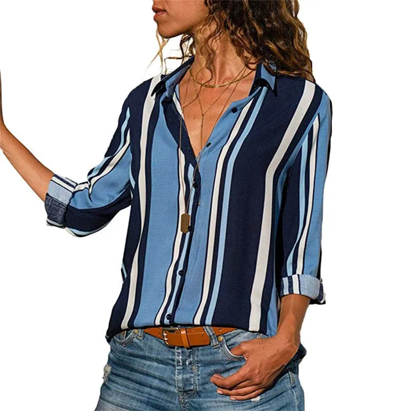 Women Blouses Color Block Striped Shirt Elegant Office Lady Blouse Tops