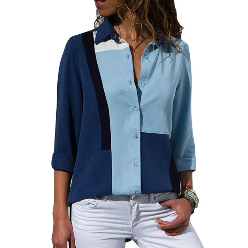 Women Blouses Color Block Striped Shirt Elegant Office Lady Blouse Tops