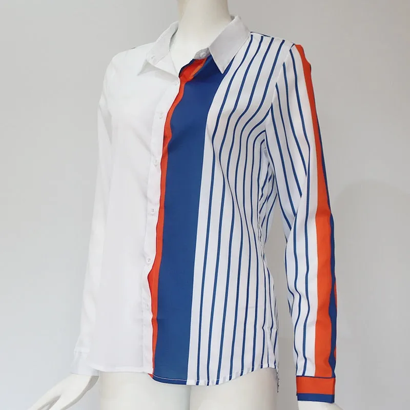 Women Blouses Color Block Striped Shirt Elegant Office Lady Blouse Tops
