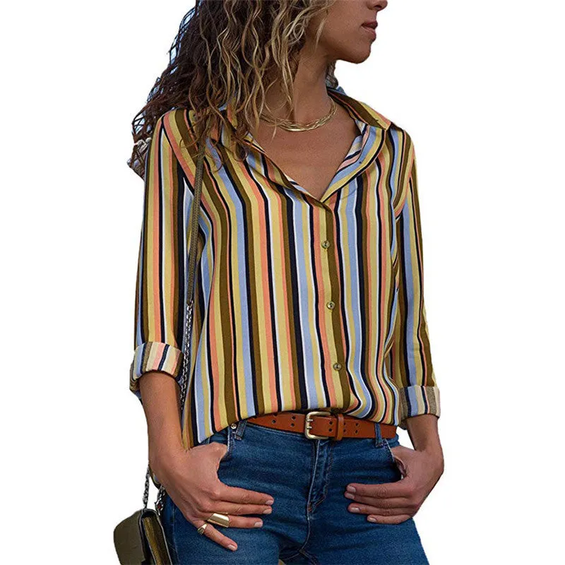 Women Blouses Color Block Striped Shirt Elegant Office Lady Blouse Tops
