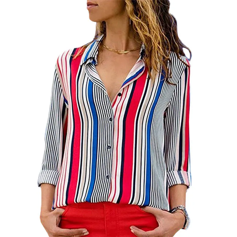 Women Blouses Color Block Striped Shirt Elegant Office Lady Blouse Tops