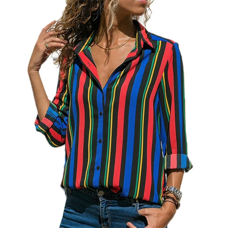 Women Blouses Color Block Striped Shirt Elegant Office Lady Blouse Tops