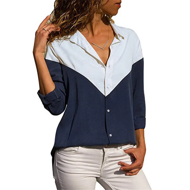 Women Blouses Color Block Striped Shirt Elegant Office Lady Blouse Tops