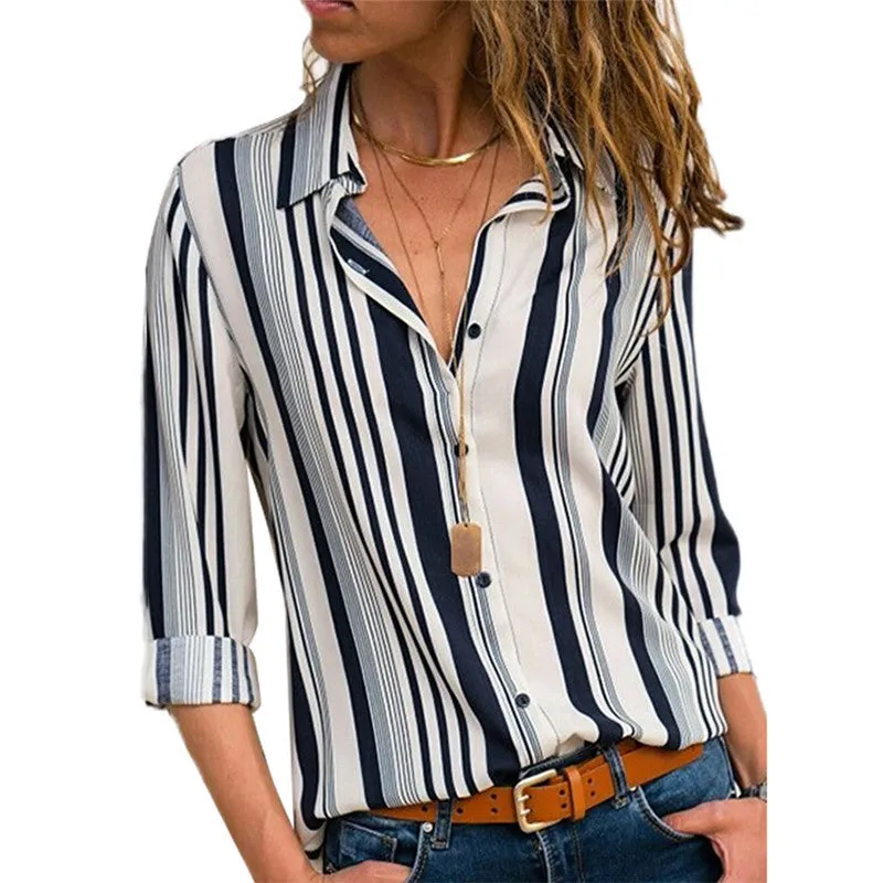 Women Blouses Color Block Striped Shirt Elegant Office Lady Blouse Tops