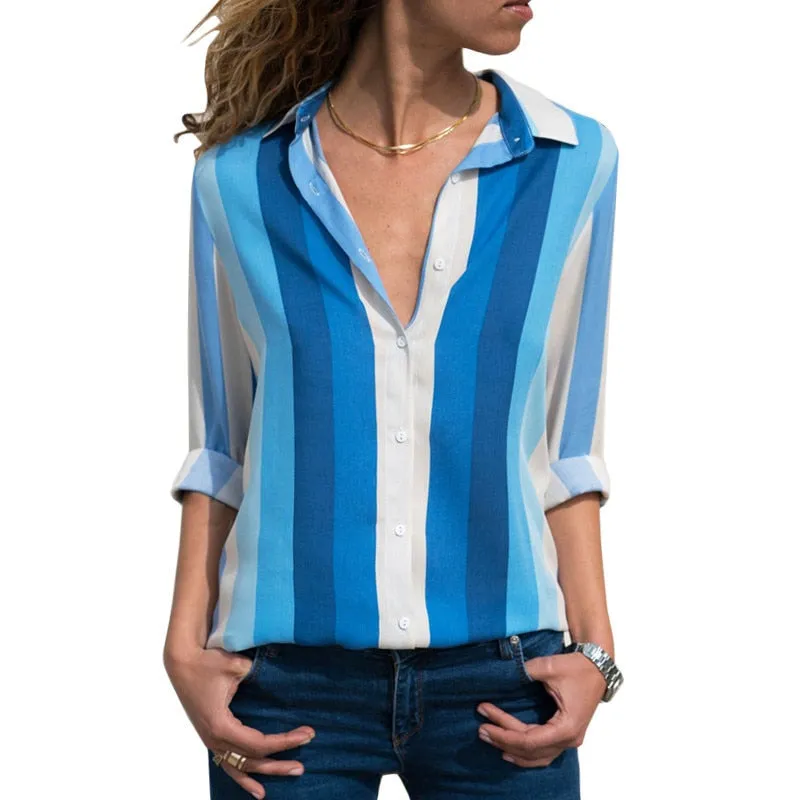 Women Blouses Color Block Striped Shirt Elegant Office Lady Blouse Tops