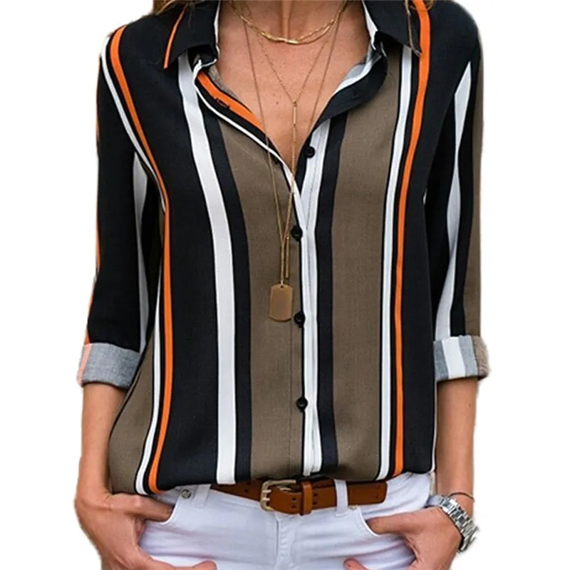 Women Blouses Color Block Striped Shirt Elegant Office Lady Blouse Tops