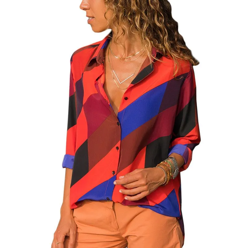 Women Blouses Color Block Striped Shirt Elegant Office Lady Blouse Tops