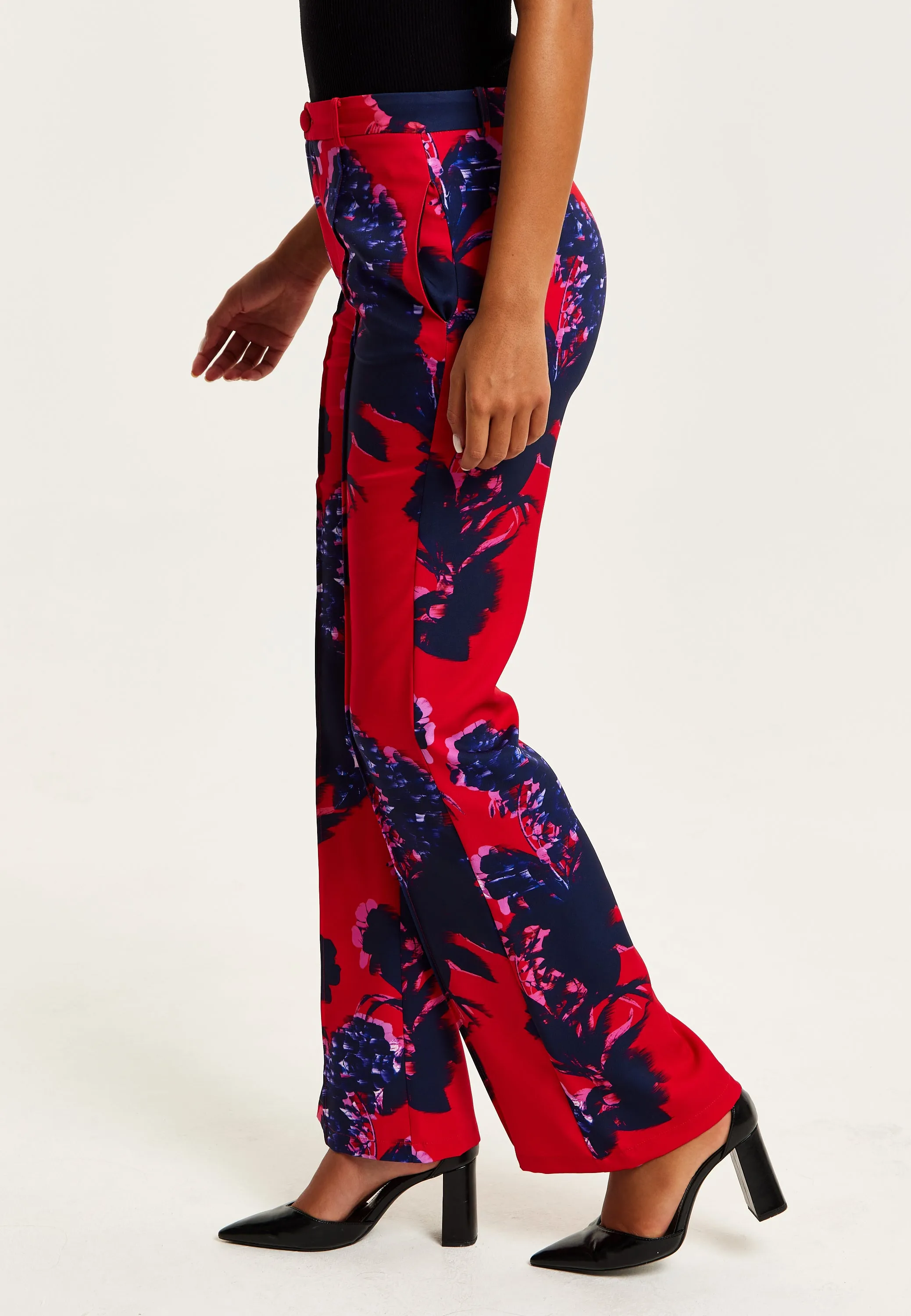 Women's High Rise Wide Leg Red Floral Print Trousers - Part of Co-Ord Set, Zip-Front Fastening, Liquorish
