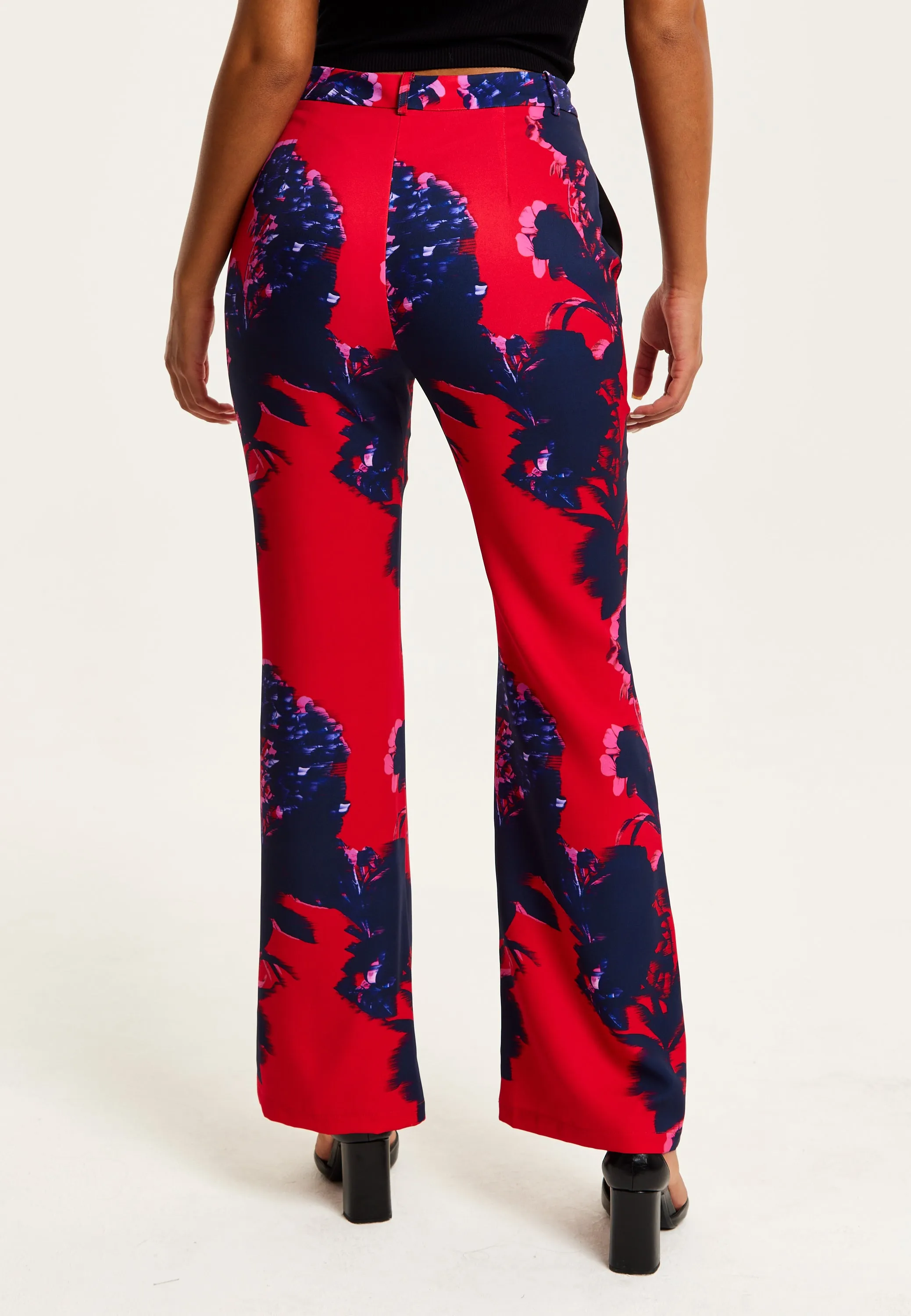Women's High Rise Wide Leg Red Floral Print Trousers - Part of Co-Ord Set, Zip-Front Fastening, Liquorish