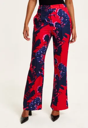 Women's High Rise Wide Leg Red Floral Print Trousers - Part of Co-Ord Set, Zip-Front Fastening, Liquorish
