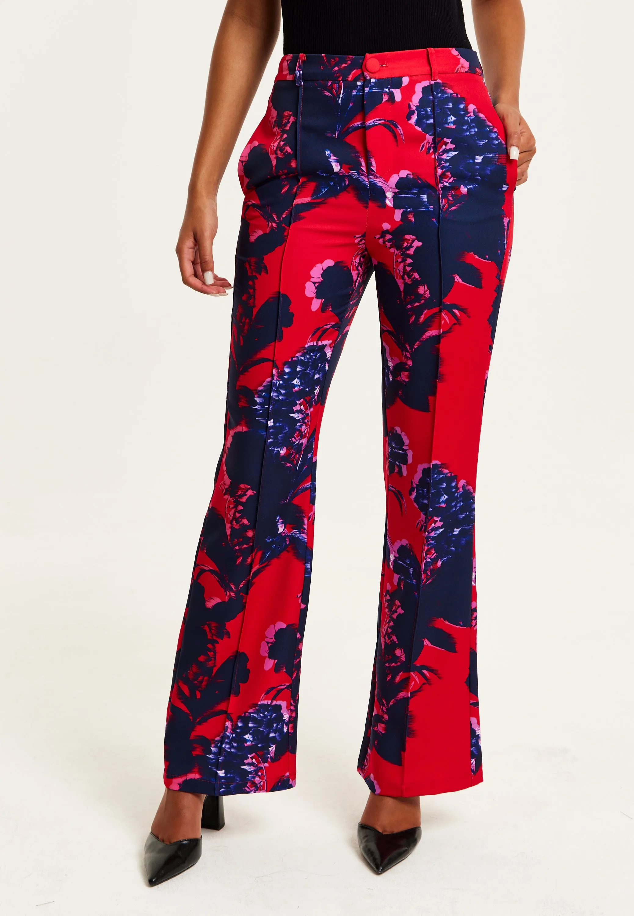 Women's High Rise Wide Leg Red Floral Print Trousers - Part of Co-Ord Set, Zip-Front Fastening, Liquorish