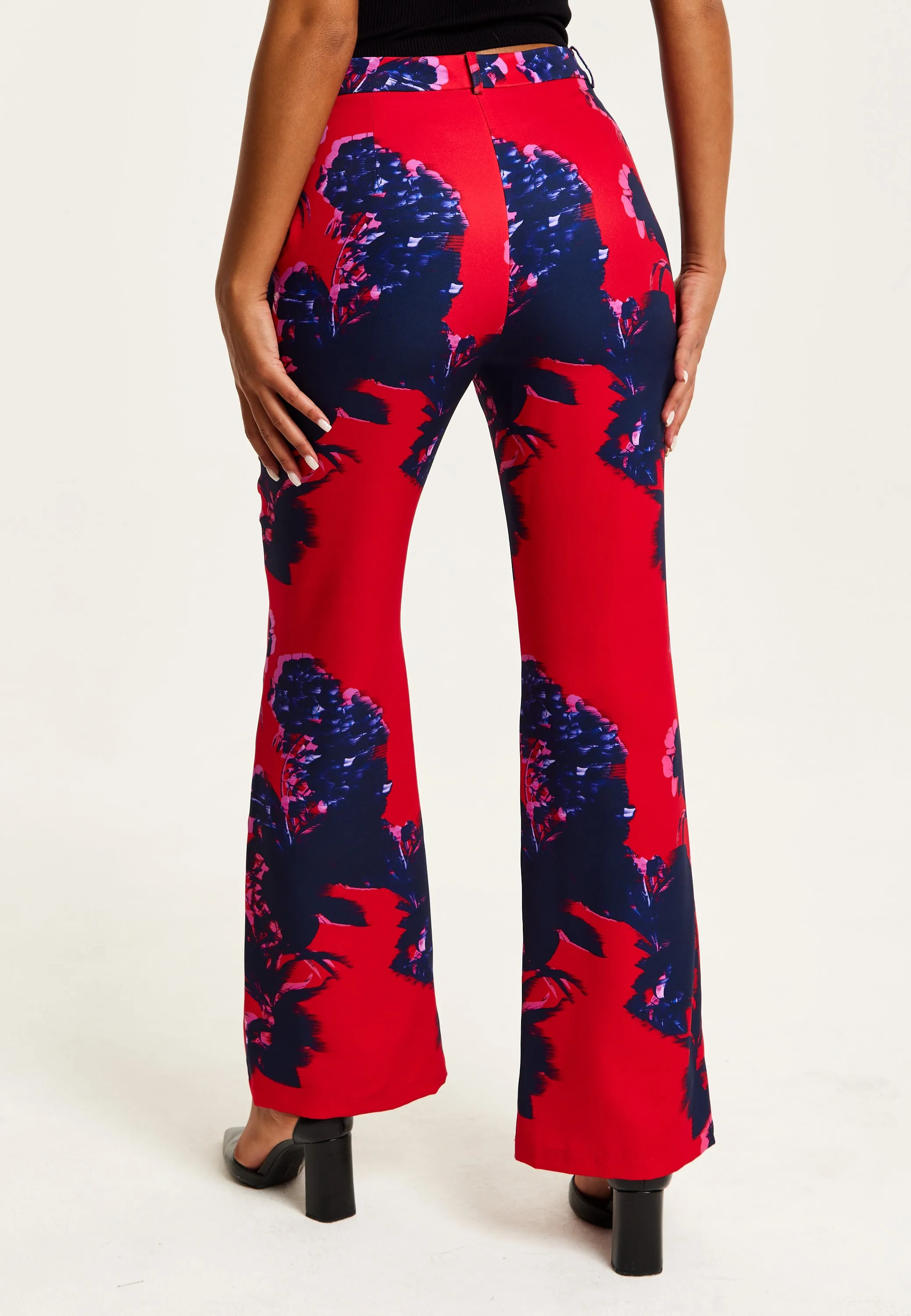 Women's High Rise Wide Leg Red Floral Print Trousers - Part of Co-Ord Set, Zip-Front Fastening, Liquorish