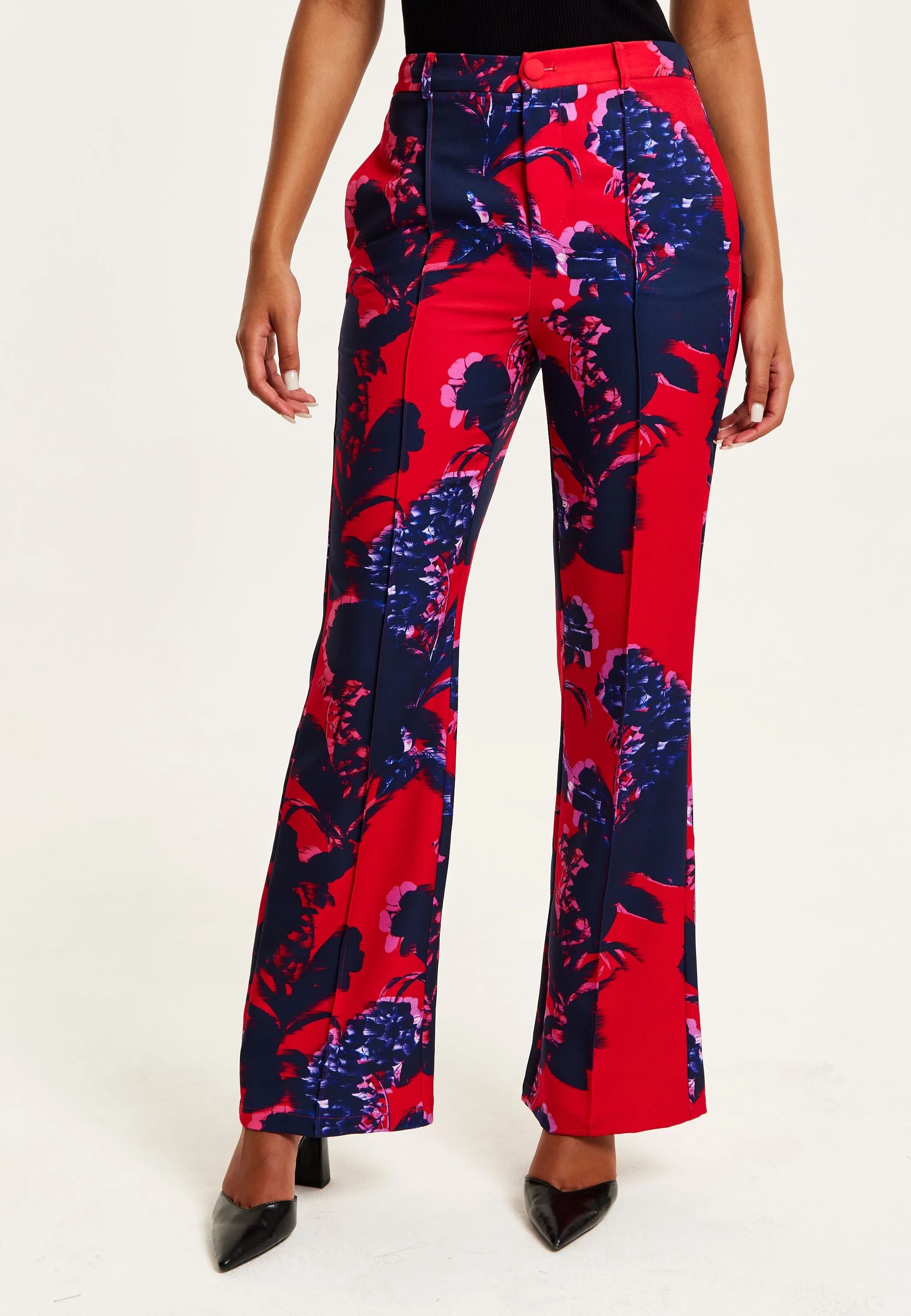 Women's High Rise Wide Leg Red Floral Print Trousers - Part of Co-Ord Set, Zip-Front Fastening, Liquorish