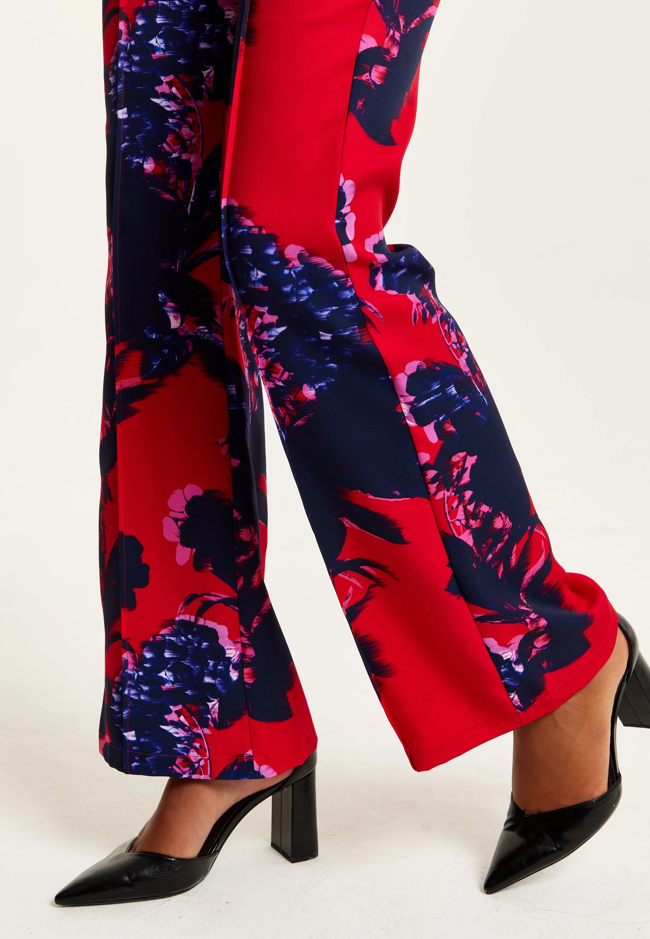 Women's High Rise Wide Leg Red Floral Print Trousers - Part of Co-Ord Set, Zip-Front Fastening, Liquorish