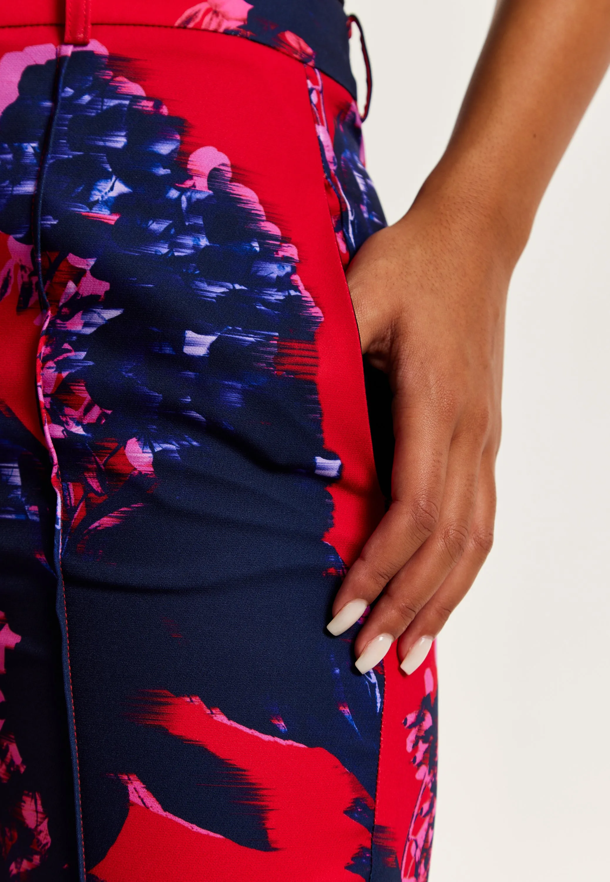 Women's High Rise Wide Leg Red Floral Print Trousers - Part of Co-Ord Set, Zip-Front Fastening, Liquorish