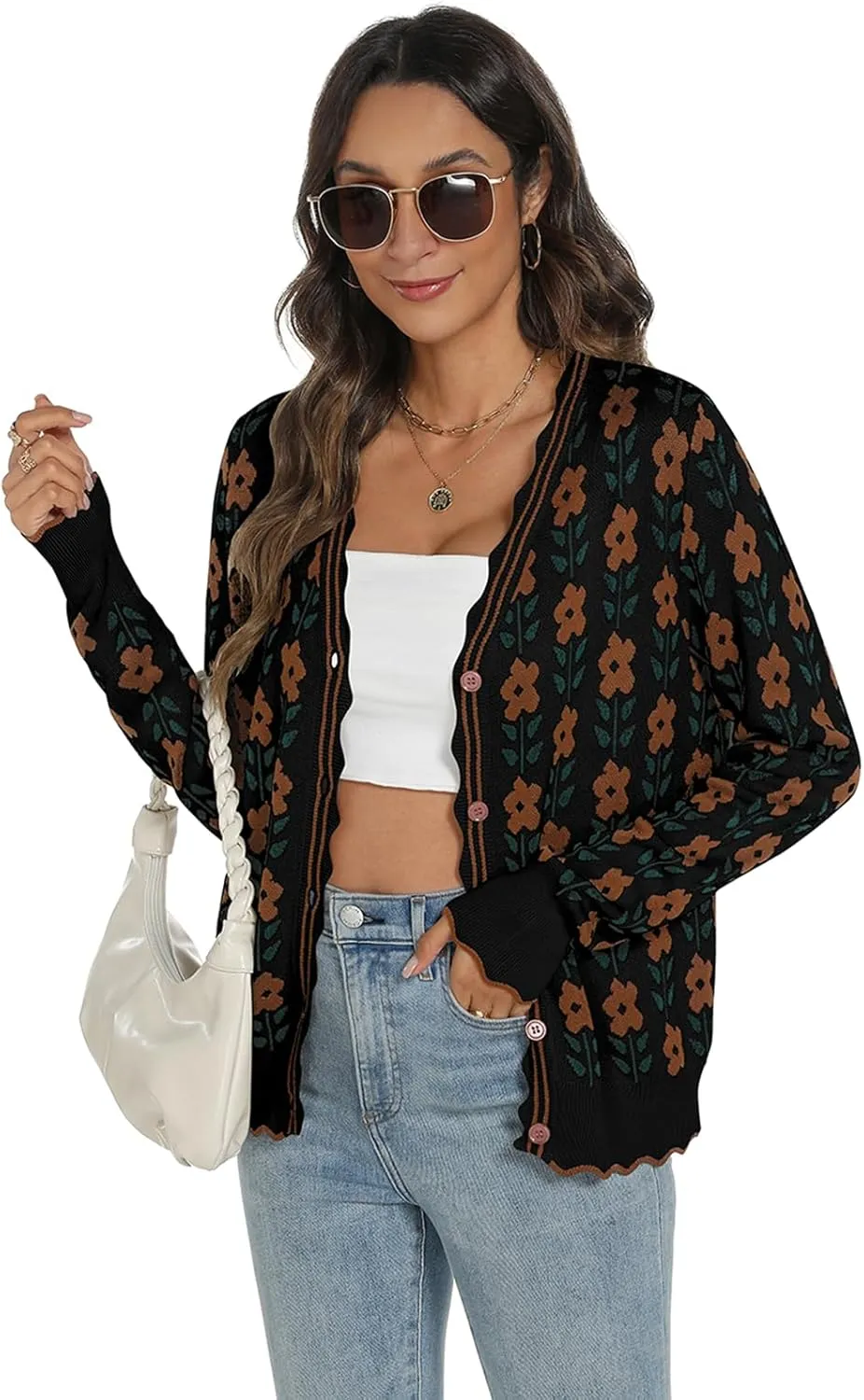 Women's Lightweight Cardigans Casual Long Sleeve V-Neck Button Print Sweaters Open Front Outerwear