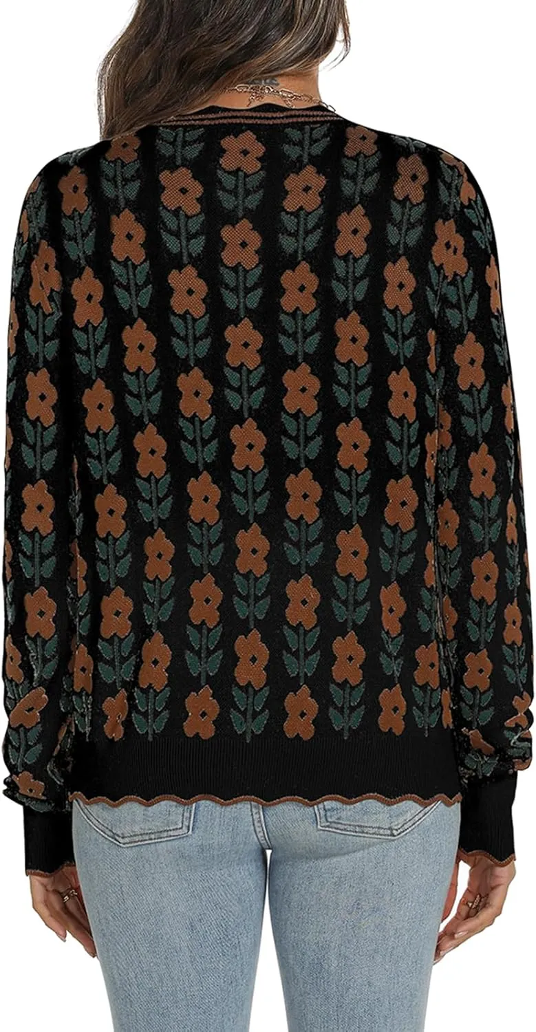 Women's Lightweight Cardigans Casual Long Sleeve V-Neck Button Print Sweaters Open Front Outerwear