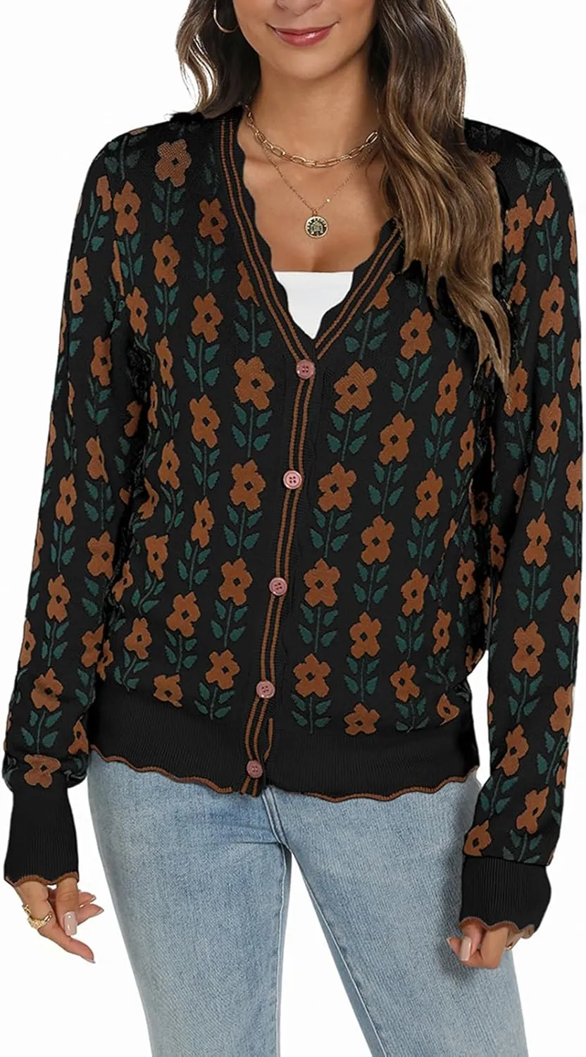 Women's Lightweight Cardigans Casual Long Sleeve V-Neck Button Print Sweaters Open Front Outerwear