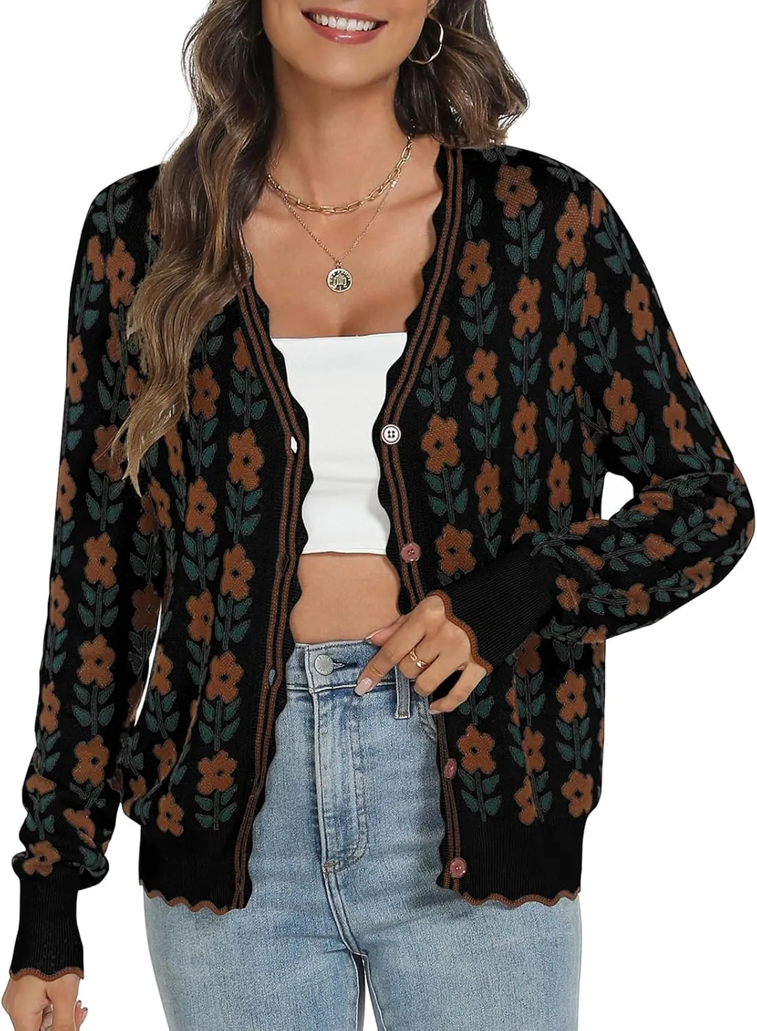 Women's Lightweight Cardigans Casual Long Sleeve V-Neck Button Print Sweaters Open Front Outerwear